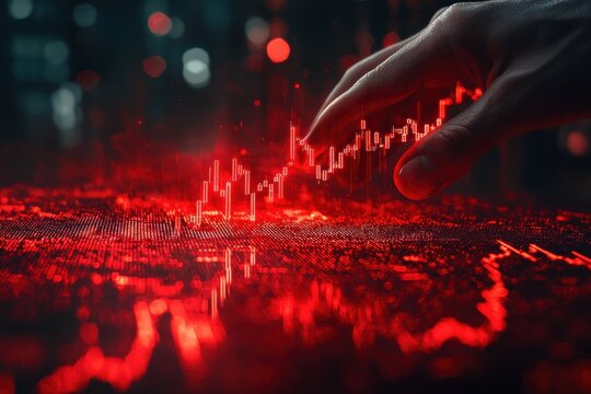 Hand interacting with declining stock market graph in red digital interface