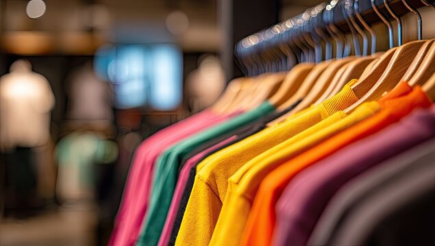 A row of colorful t-shirts hanging on wooden hangers in a store - Powered by Adobe