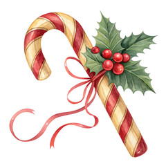 Festive red and white candy cane adorned with holly and ribbons for christmas celebration