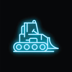 Blue neon icon of a bulldozer working a night construction site