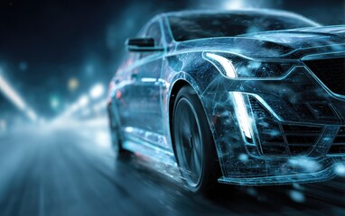 Futuristic vehicle outline moving fast on a blurred highway