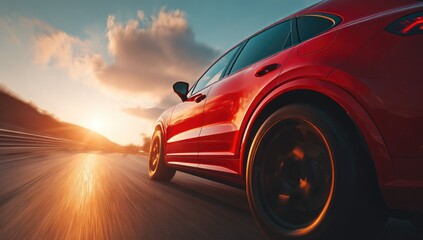 Red SUV speeding down a road at sunset (1)