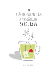 Vector illustration with cup of green tea with a shadow of self-love. Health care is love yourself. Green tea is source of antioxidants  Balanced liquid nutrition intake.