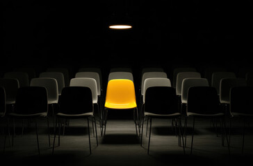 Single yellow chair stands out in dimly lit room filled with rows of gray chairs, creating striking contrast