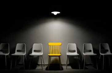 Single yellow chair stands out among white chairs under spotlight, creating dramatic contrast