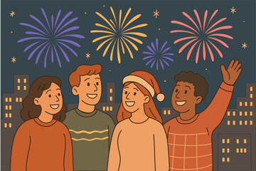 Happy New Year Celebration with Friends &mdash; Festive Illustration