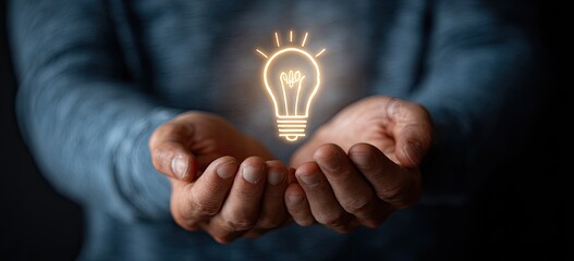 Hands cradle a glowing incandescent light bulb symbolizing a bright idea