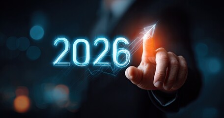 Person touching a futuristic glowing 2026 with rising arrow