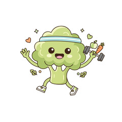 A kawaii, cartoon broccoli character wearing a headband and shoes, is holding a dumbbell with an apple and carrot on it.