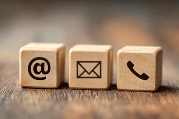 Three wooden blocks with contact icons at, email, and phone