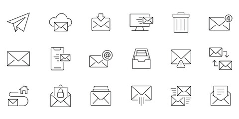Email icon vector set features envelopes. Web button collection for business. Ideal for messaging apps and email marketing. Containing send, receive, message,  read, inbox and more. 