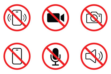 No phone, no camera, no camcorder. Mobile Phone prohibited. Prohibition warning sign. No photographing and filming prohibit icon logo collection. Vector illustration.