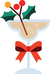 Fototapeta premium Festive cocktail glass decorated with holly leaves, berries, and a red ribbon. Perfect for Christmas drinks, holiday design, and winter celebration visuals.