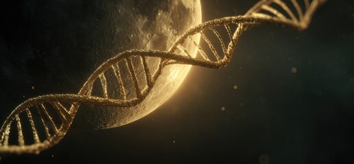 Golden DNA helix floats against a celestial backdrop with a textured moon