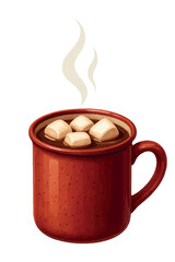 Steaming hot chocolate in red mug with marshmallows, cozy winter drink, isolated illustration.