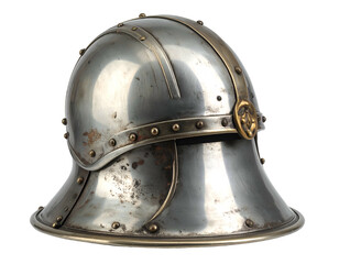 Polished, riveted metal helmet with a curved brim and decorative golden accents