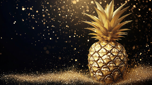 Golden pineapple with sparkling glitter on a dark background. luxurious image features a gold pineapple with glitter, perfect for adding a touch of elegance.