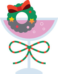Cocktail glass decorated with a Christmas wreath and red-green ribbon. Great for party invitations, winter drinks, and celebration design.