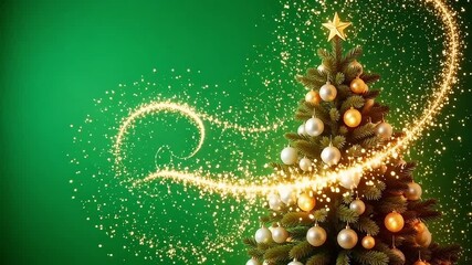 Festive Christmas tree adorned with ornaments and a star, set against a green background with sparkling lights.