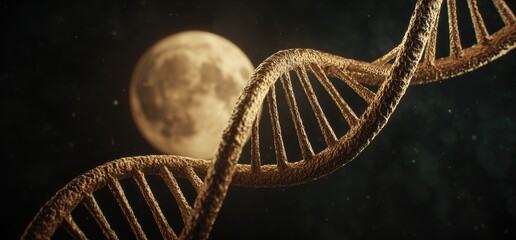 Golden DNA helix floats in front of a hazy, textured moon