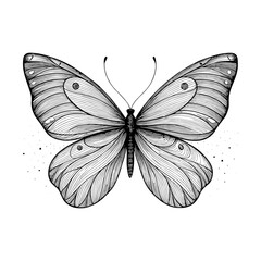 Black and white line art butterfly illustration with detailed wings, minimalist hand-drawn design symbolizing transformation and freedom