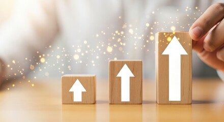 Wooden blocks with white arrows show business growth and investment success