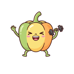 A cute, cartoon-style bell pepper character exercises by lifting a dumbbell with a happy expression on its yellow, green, and orange segments.