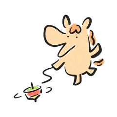 正月にこま回しをして遊ぶ笑顔の馬　独楽・年賀素材・墨絵