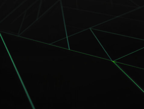Abstract dark background with glowing green geometric lines forming a complex polygonal network pattern, suggesting technology or digital connectivity. - Powered by Adobe