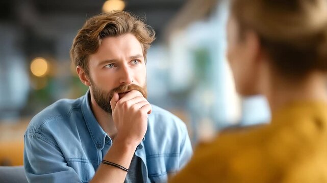 Caucasian young adult man sitting indoors holding hand to mouth appearing thoughtful while blurred Caucasian young adult woman sitting gesturing with hands during couple