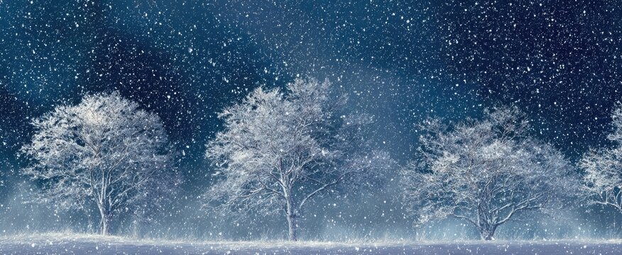 Snowfall coats bare trees against a dark, starry sky - Powered by Adobe
