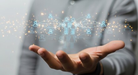 Hand holding a digital network structure with glowing particles and connections visible