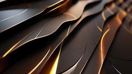 Abstract background of dark, flowing layers with luminous golden lines creating a futuristic and luxurious texture.