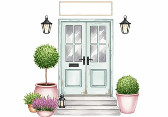 Beautiful watercolor illustration showcasing a serene light blue wooden front door, decorated with vibrant potted plants and classic lanterns, symbolizing a charming and welcoming home entrance design