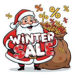 Santa Claus announcing Winter Sale with bag full of discount percent signs. Festive marketing illustration of Santa and winter discounts. Vector seasonal holidays savings illustration for e-commerce