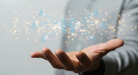 Persons hand holding a digital network structure with glowing particles and connections