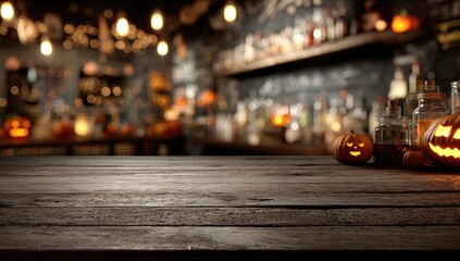 Festive Halloween bar scene with carved pumpkins and ambient lights