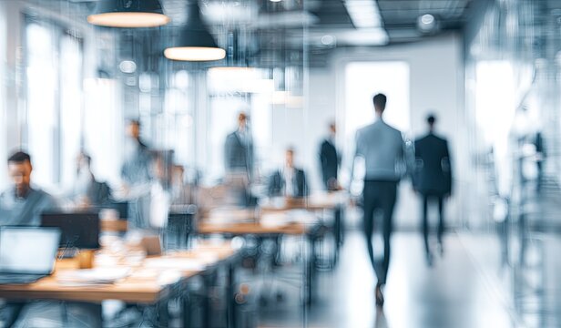 Blurred modern office interior with people working at desks (1)