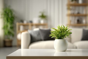 Bright room with plush sofa, plants, and table