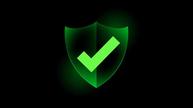 Green bagde Shield with check mark transparent animation. Motion graphic. black background with alpha channel