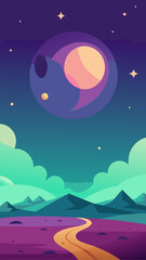 Vibrant alien landscape with a winding road under a starry sky and a large planet