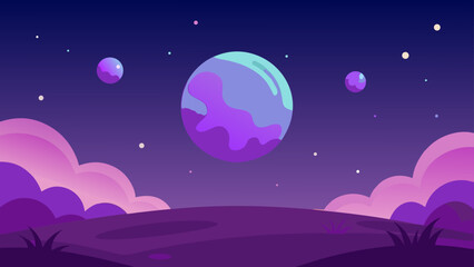 Vibrant alien planet landscape with moons and colorful clouds under a starry night sky
