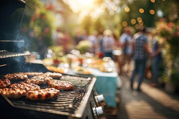 Burgers sizzling on grill at outdoor party with blurred guests