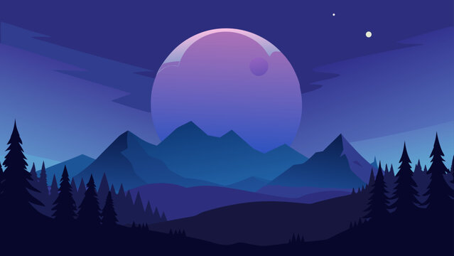 Stylized minimalist landscape with a large moon over mountains and pine trees at night