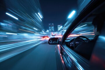 Speeding through a city at night, streaks of light blur