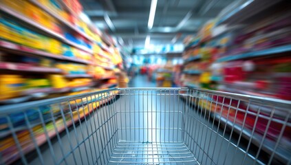 Grocery store aisle with shopping cart, colorful products, motion blur