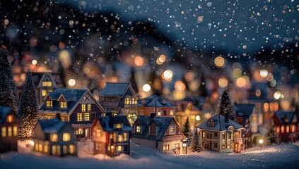 Obraz premium Cozy miniature village lights up a snowy winter night