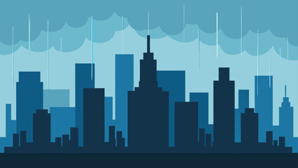 Obraz premium Stylized cityscape silhouette with rain and clouds in shades of blue