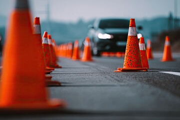 Orange cones mark a pathway on asphalt with a car approaching
