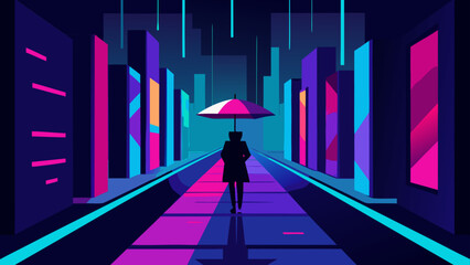 Lone figure walks with umbrella through a neon city street at night